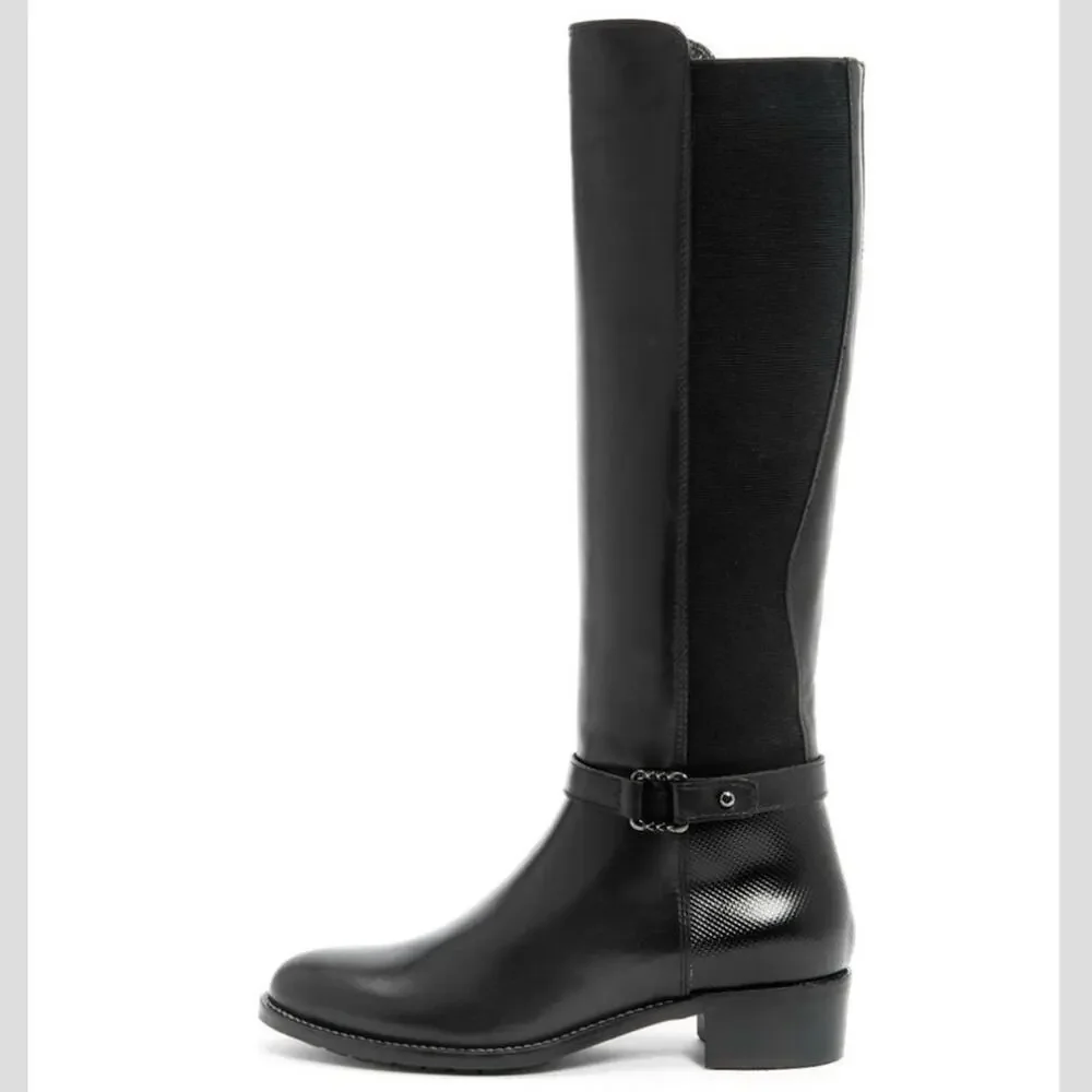 AQUATALIA Olalla Black Leather Knee High Boot Round Toe Riding Block Heel 8